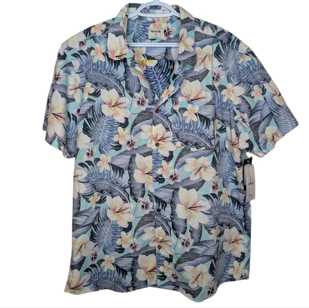 NWT XL Men's Hurley Diffused Blue Hawaiian Tropical Cabana Shirt - Picture 2 of 12